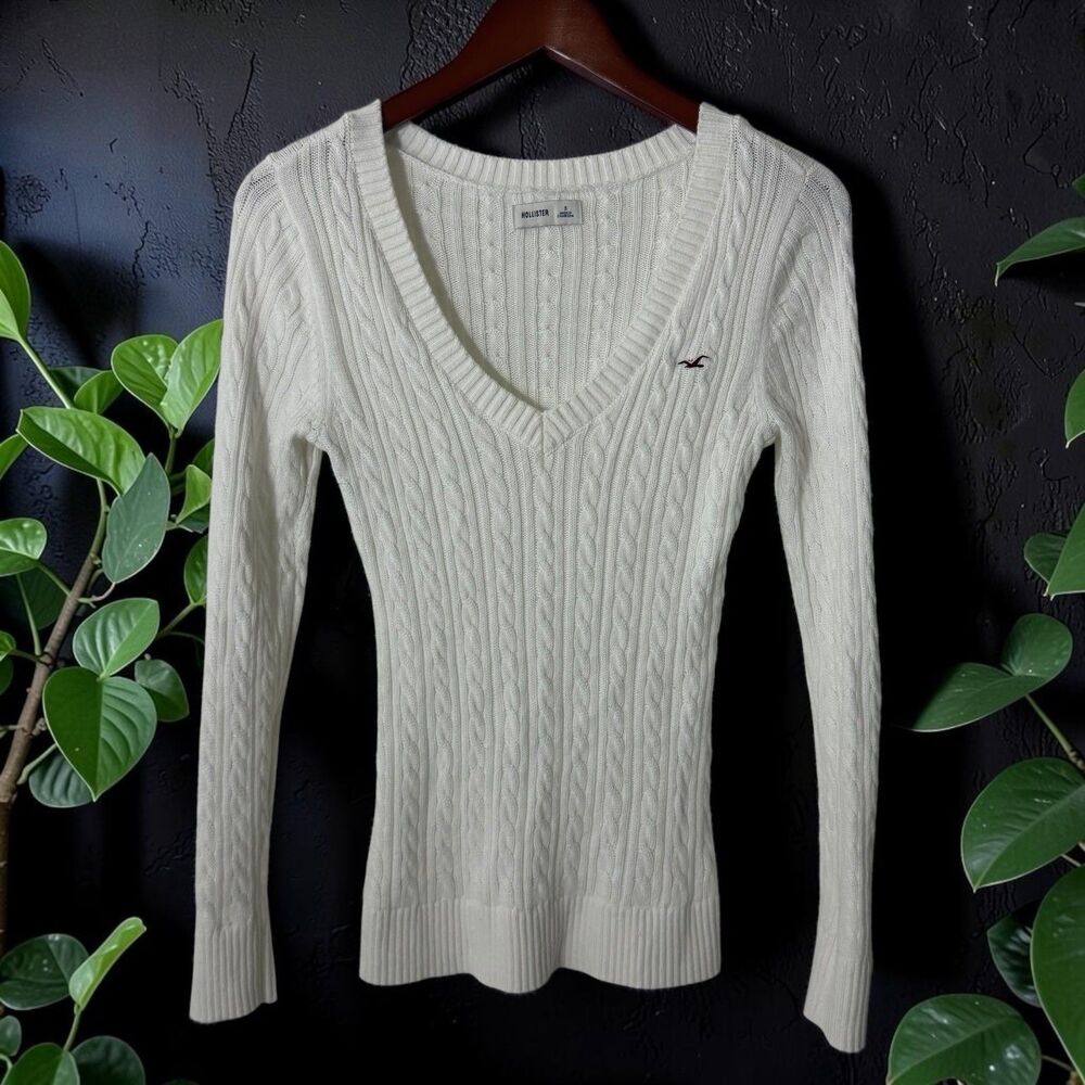 Hollister Cable Knit V-Neck Sweater White Bella Swan Preppy Y2K Top Small